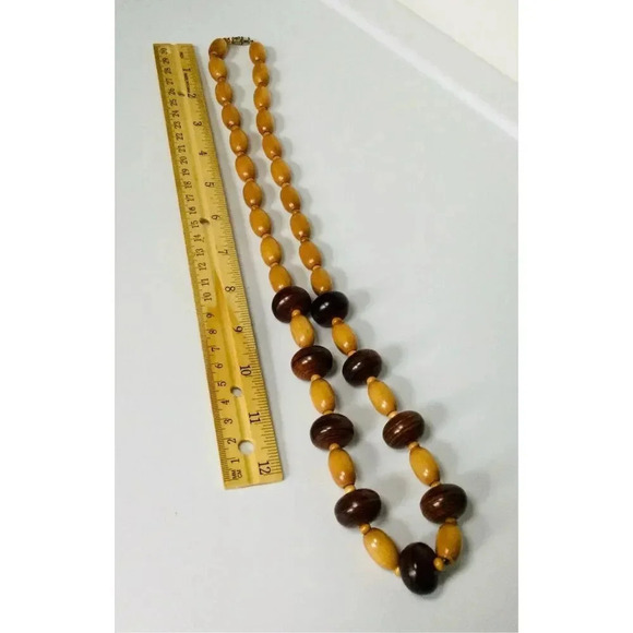 Vintage Womens Dark Brown Tan Wooden Beads Long Necklace Fashion Collection - Picture 4 of 6
